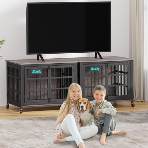 41"/33"/27" Dog Crate Furniture with Name Tag, Heavy Duty Dog Kennel Indoor for Medium Dogs, Double-Doors Sturdy Metal Dog Cage for Anxiety Dog, Decorate House as TV Stand, End Table (40.8"L x 29.3"W x 30.2"H / Grey)