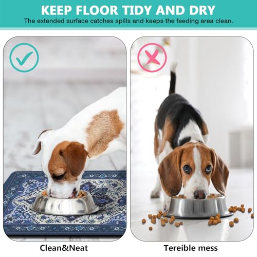 Pet Feeding Mat for Floors Waterproof Dog Mat for Food and Water Absorbent Quick Dry Non Slip mat for Cat Bowls (32"L x 24"W / BlueBoho)