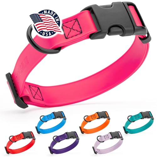 Biothane Waterproof Dog Collar with Quick Release Buckle Strong Coated Nylon Webbing with Odor (5/8"W by 10-14"L / Passionfruit Pink)