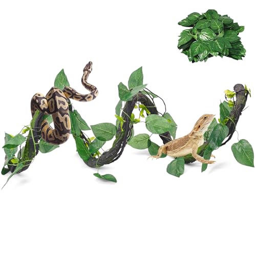 Medium Reptile Vines Thick Terrarium Plants 70 Inches Long Flexible Climbing Branch with Leaves Snake Tank Accessories Greenery Habitat Decor for Bearded Dragon Chameleon Gecko Lizard (Black Reptile Vines (Lengh:70" Dia: 1.2 In))