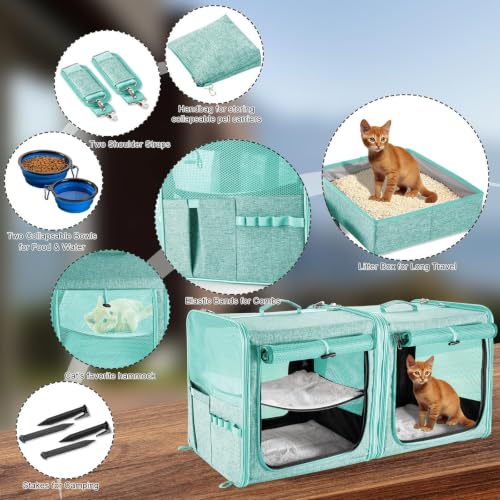 Extra Large Cat Carrier for 2 Cats with Travel Litter Box (Green)