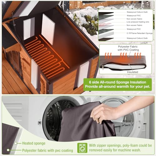Heated Dog House Outdoor with Proch Weatherproof Dog Kennel with Heating Pad Anti