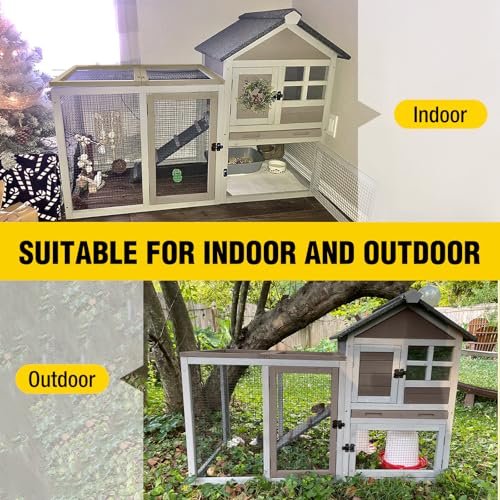 51.6''L Rabbit Hutch Outdoor Chicken Coop Indoor Bunny Cage with Run (51.6"L x 25.2"W x 36.2"H / Brown)