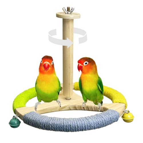 Bird Rotating Perch Wooden Spinning Parrot Perch Stand with Chew Bell Interactive Cockatiel Toy Hanging Bird Cage Accessories for Parakeet Conures Budgies Finches Lovebird