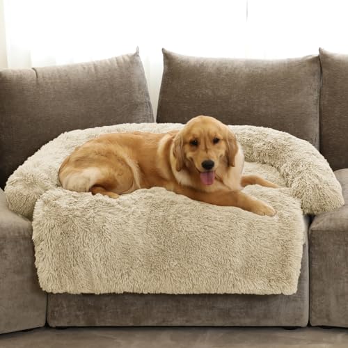 Calming Dog Bed Fluffy Plush Dog Mat for Furniture Protector with Removable Washable Cover for Large Medium Small Dogs and Cats (Beige / 53.0"L x 39.3"W x 6.0"Th)