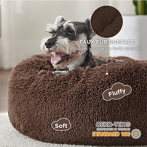 Calming Small Dog Bed Donut Washable Cat＆Puppy Bed (23"L x 23"W x 8"Th / Coffee)