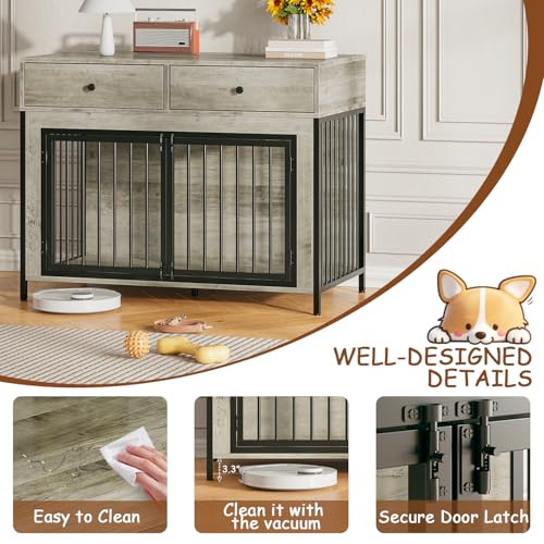 Large Dog Crate Furniture with 2 Drawers (Grey)