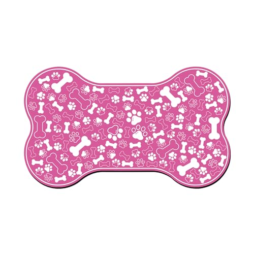 Dog & Cat Food Mat Bone Shaped Pet Feeding Mat Quick Absorb Water Bowl Placemat with Rubber Backing Indoor Floor Stain Resistant Pet Accessory Supplies (Pink / 17"L x 17"W)