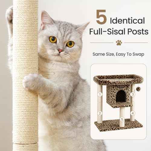 Cat Tree Tower Scratching Post for Indoor Large Adult Cats with Perch Bed (Leopard Print / 28 Inches)
