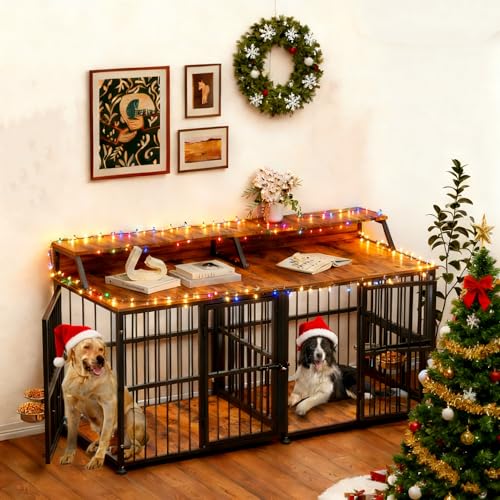 XXL Dog Crate Furniture for 2 Dogs (Rustic Brown & Black / Extra Extra Large Size: 72 x 28.7 x 36.8 inch)