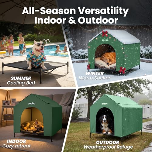 42" 2-in-1 Dog House for Medium Dogs, Elevted Dog House Outdoor/Indoor, Puppy Shelter Outside,Water Resistant 600D PVC and Durable 2x1 Textilene Raised Dog Bed(Green) (X-Large: 42inch)