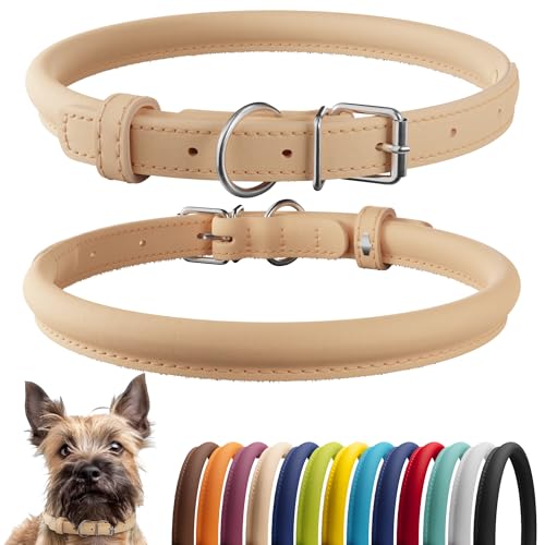 Tangle Free Rolled Leather Dog Collar (Beige / XXS)