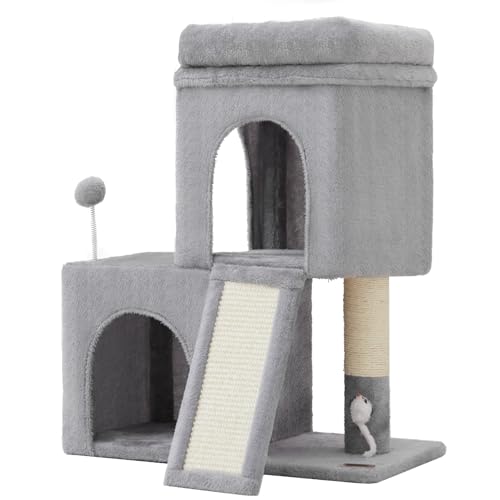 24inch Tall Cat Tree with 2 Cat Condo and Mouse Toy Cozy Small Cat Tower with Scratching Post and Board for Kitties and Small Cats.（Light Grey） (22*13*28)