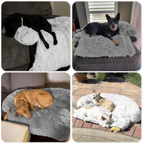 Calming Dog Bed Fluffy Plush Dog Mat for Furniture Protector with Removable Washable Cover for Large Medium Small Dogs and Cats (Grey / 41.0"L x 37.0"W x 6.0"Th)