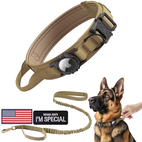 Tactical AirTag Dog Collar Leash Set (XL(19.5"-25") / Brown-SET)