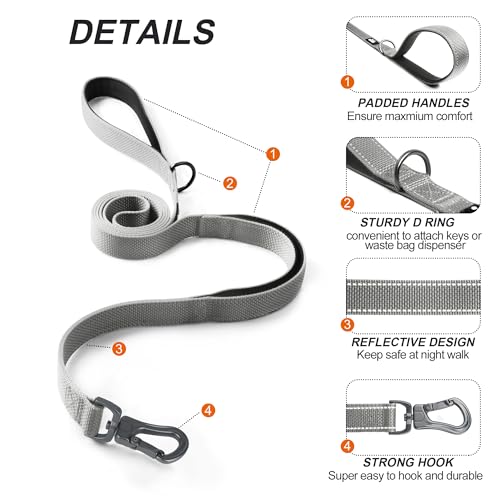 6FT 1IN Heavy Duty Dog Leash for Large Dogs with 2 Padded Handles (Grey / 1 in x 6 ft)