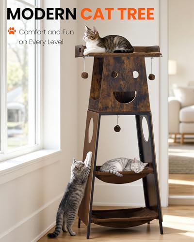 56in Modern Wood Cat Tree Tower for Indoor Cats with Hammock (Rustic Brown4 / 56 Inches)