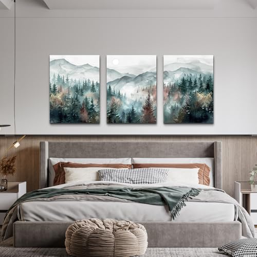Wall Art For Living Room Farmhouse Decor For Bedroom Office Fog Forest Mountain Landscape Watercolour Paintings Artwork Ready To Hang Home Decorations 3 Piece (16x24inches*3pcs / Foggy Forest Trees Landscape Pictures)