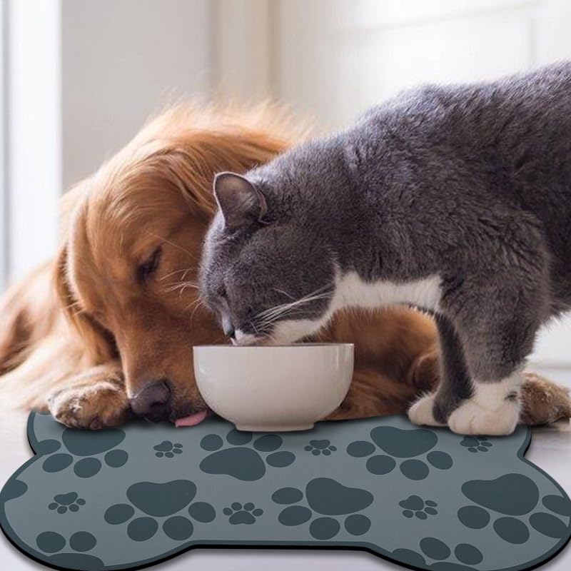 Dog Food Mats for Floors Waterproof (Grey Bone01 / 25.5"L x 17"W)