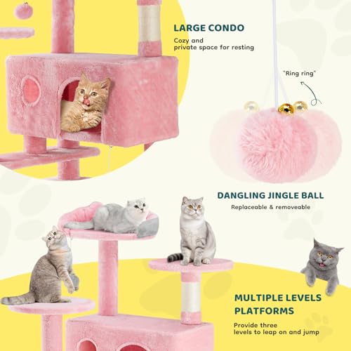 54 Inch Cat Tree Tower with Sisal Scratching Post (Pink / 54"×19.7"×19.7")
