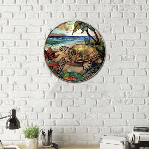 Metal Sign Tin Sign Circular Stained Glass Turtle Decor Outdoor for Yard 8×8 Inches (8×8 Inches / Turtle)
