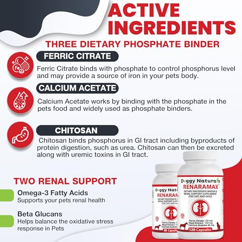 RENARAMAX Dietary Phosphate Binder and Renal Support Supplement for Cats and Dogs Count (60 Caps)