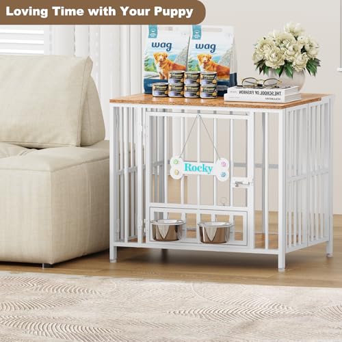 27" Foldable Dog Crate Furniture (White & Beech / 27.6"L x 20.5"W x 23.6"H)