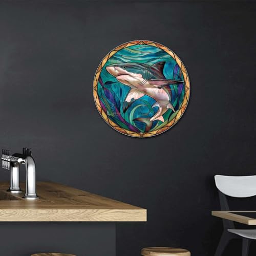 Metal Sign Tin Sign Circular Stained Glass Shark Decor Outdoor for Patio 12×12 Inches (12×12 Inches / Shark-1)