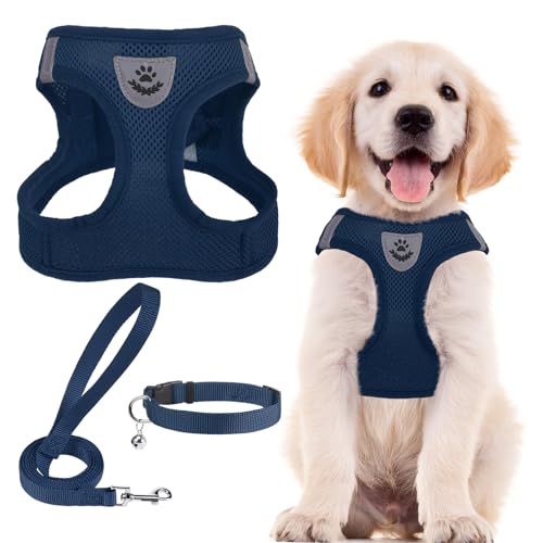 Dog Harness Collar and Leash Set No Pull for Small Medium Sized (Solid NavyBlue / M (CHEST 16"-18"))