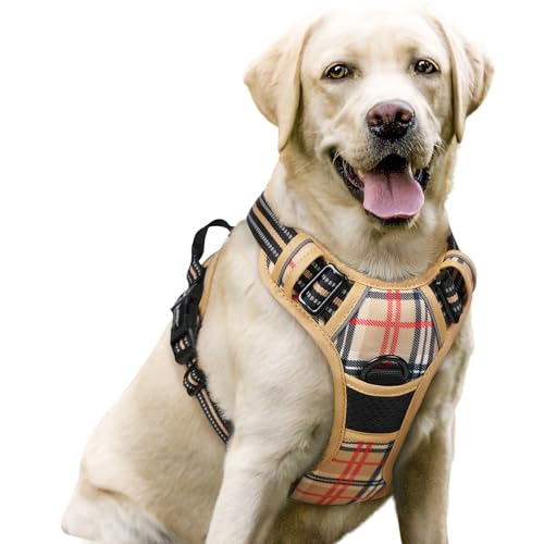 Dog Harness No Pull for Large Dogs with 2 Leash Clips (Large / Beige Plaid)