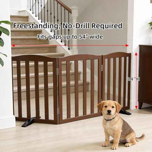 Foldable Freestanding Indoor Dog Gate for House Wood Long Pet Gates Dog Fence for Stairs Puppy Gates for Hallways (Brown / 【3 Panels】60''w X 24''h)