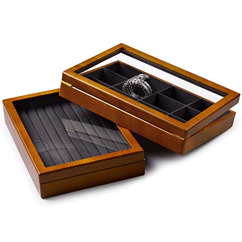 12 Grids Vintage Solid Wood Jewelry Box Microfiber Lining Earrings Bracelets Necklace Storage Jewelry Drawer Organizer Tray with Lid (Grey 12 Grids Box)