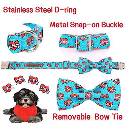 Valentine's Day Dog Collar with Bow Tie Blue Heart Puppy Collar Best Gift for Small Medium Large Boys Girls (X-Small / Blue MoM Love)