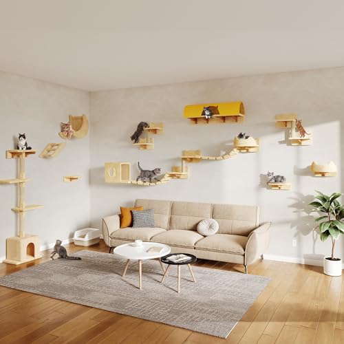 26-in-1 Cat Wall Shelves with Cat Tree, 40''L Tunnel, Moon, Beige (Beige / 26-in-1)