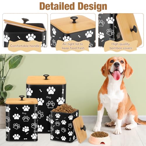 Airtight Dog Treat Container Set of 3 with Bamboo Lids Metal Treat Jars for Countertop Decorative Pet Snack Food Storage Canister Kitchen Biscuit Holder (Black)