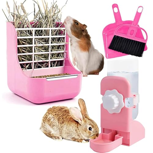 Rabbit Hay Food Bin Feeder and Bunny Water Bottle Set (PINK / Large)