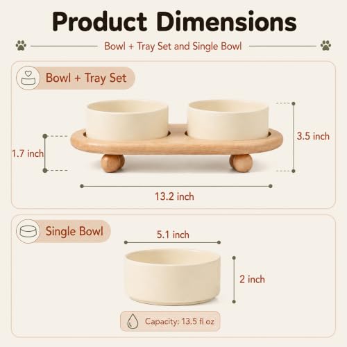 Raised Cat Bowl 5.1” Elevated Ceramic Cat Food and Water Bowl Set (Light Yellow)