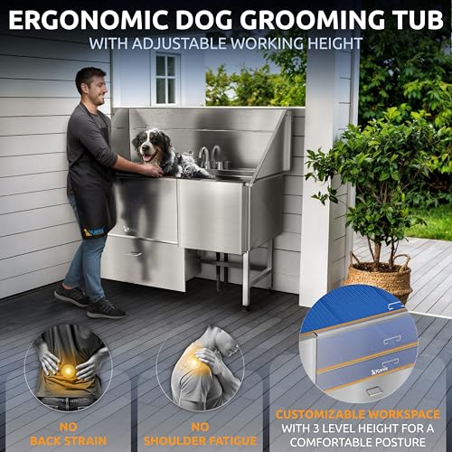 Professional Dog Washing Station 304 Stainless Steel Pet Wash Sink (Silver, Right Ramp, 1 Drawer / 61 Inches)