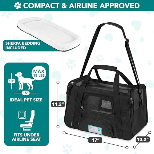 Airline Approved Pet Carrier for Cats & Small Dogs (Black / 17.0"L x 10.2"W x 11.2"H)