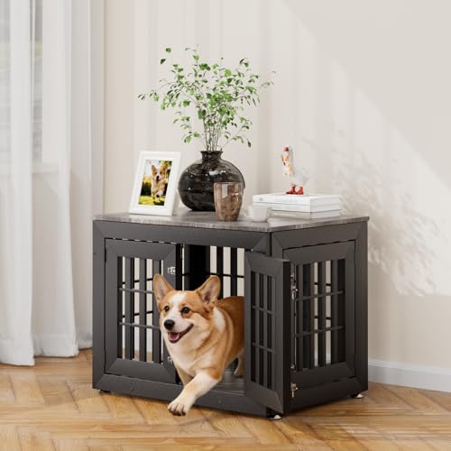 32" Heavy Duty Dog Crate Furniture for Small (32.7"L x 24.4"W x 25.8"H / Black+Grey)