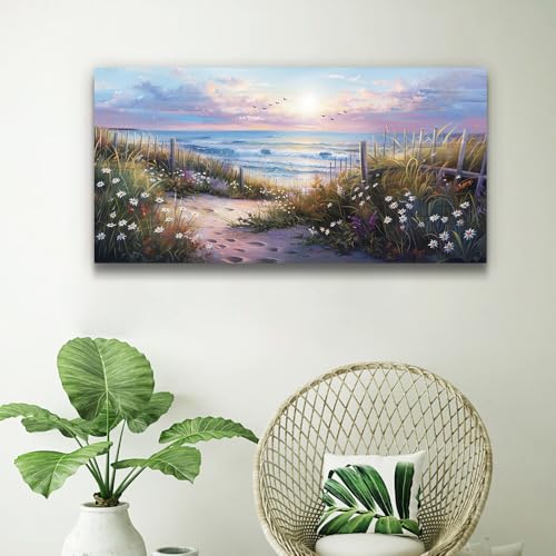 Canvas Wall Art For Living Room Wall DecorFor Bedroom Flower Beach Scenery Wall Painting Blue Ocean Pictures Artwork Office Decor Modern Framed Posters Home Decorations 20"X40" (40"L x 20"W / Flower Beach Ocean Scenery)