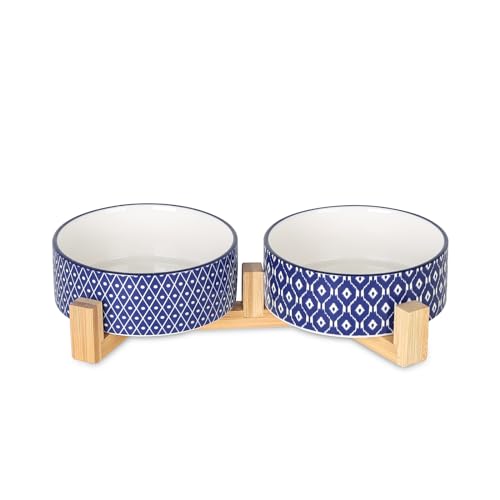 Ceramic 14 OZ Dog Bowls with Wooden Stand (14 oz / Vintage Blue A)