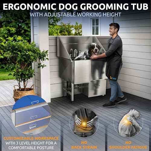 Professional Dog Washing Station 304 Stainless Steel Pet Wash Sink (Silver, Left Ramp, 1 Drawer / 40 Inches)