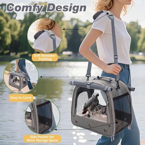 Bird Carrier Parrot Travel Cage with Perch (Gray)