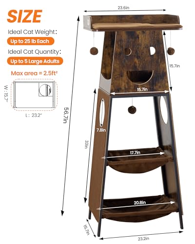 56in Modern Wood Cat Tree Tower for Indoor Cats with Hammock (Rustic Brown4 / 56 Inches)