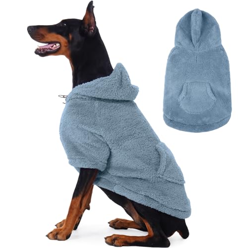 Fuzzy Dog Sweater with Adjustable Hood & Harness Hole (XX-Large / Blue)