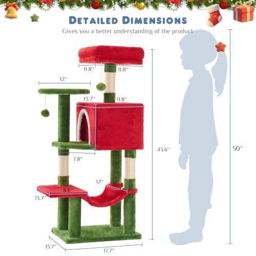 44 Inch Cat Tree Tower with Natural Sisal Scratching Posts (Red & Green / 44 Inch)