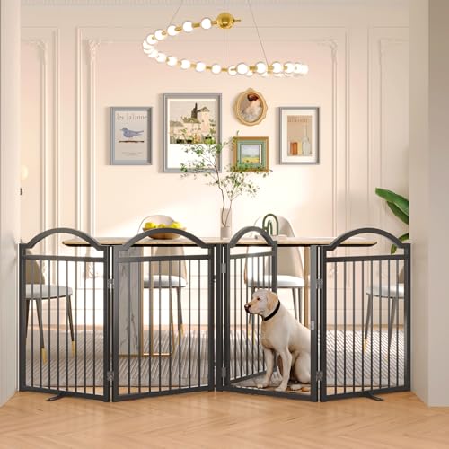 Metal No Assembly Freestanding Dog Gate with Door Walk Through (Black C / 4 panels 96"W*32"H HYG)