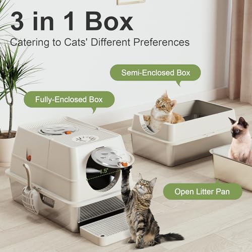 Stainless Steel Litter Box with Lid (Beige)