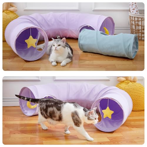 Cat Tunnel Large Indoor Durable Collapsible Interactive Cat Tube with Peek (PurpleBlue)